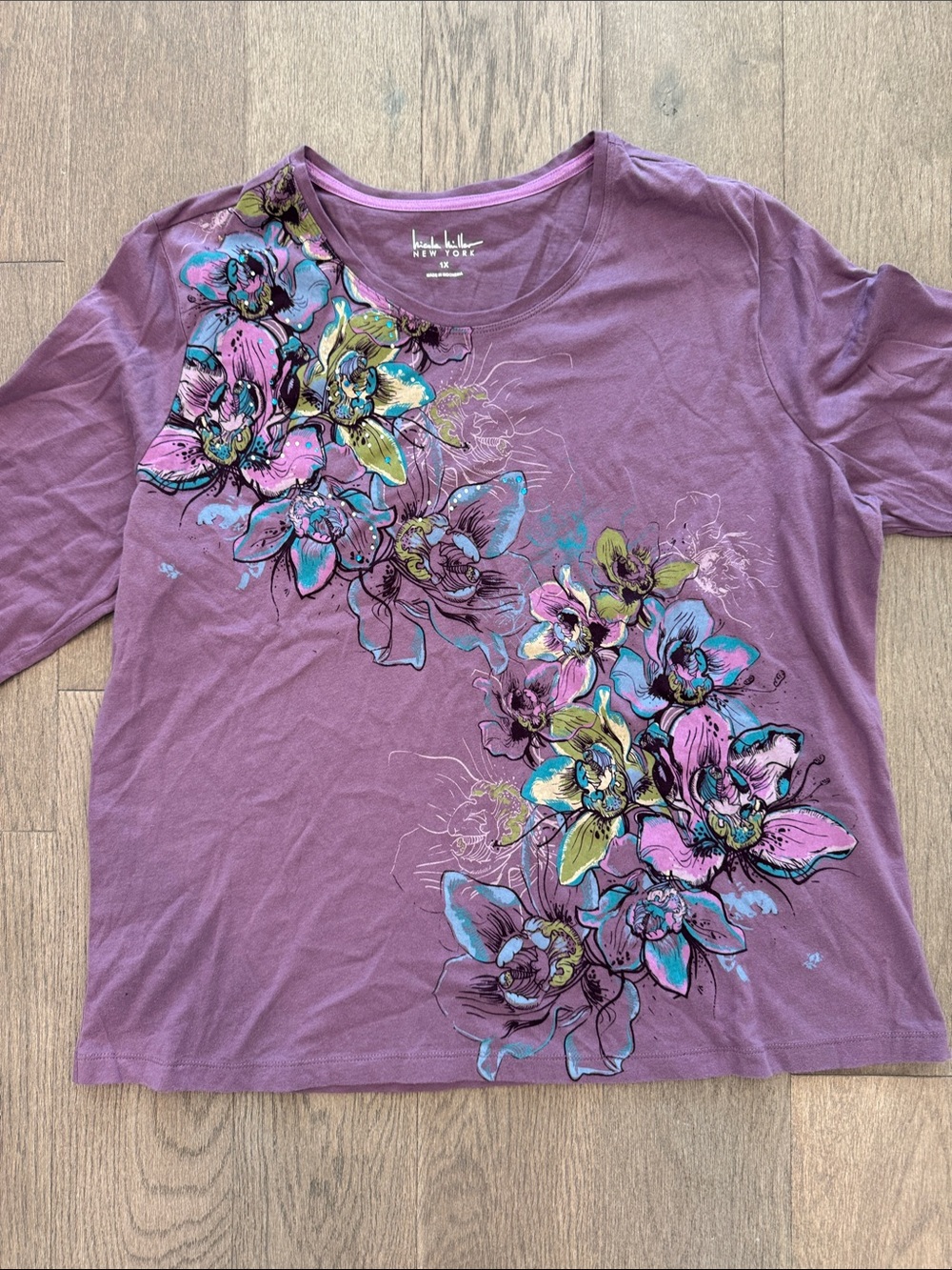 Vibrant Purple Floral Women’s 1X Nicole Miller 3/4 Sleeve Cowl Neck Sequins Top
